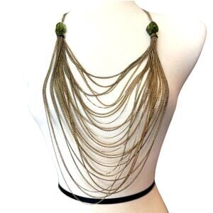 Antique Gold Tone Layered Chain Statement Necklace Green Bead Accents